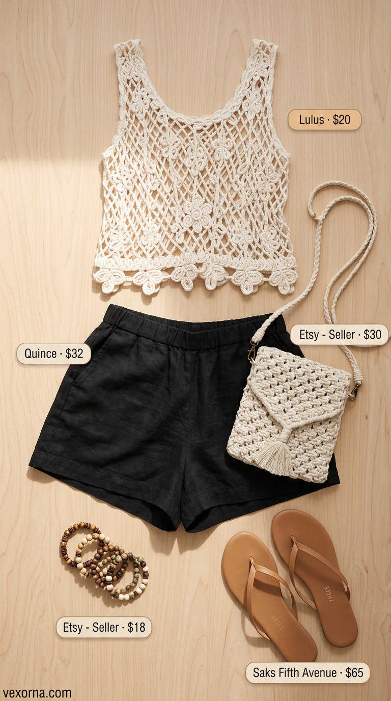 Summer flowy shorts outfits for women 2026: Crochet top, macrame bag, sandals for boho beach.