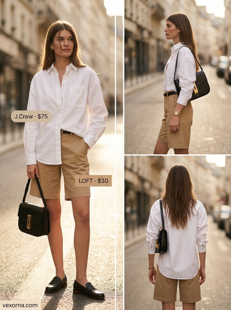 Summer flowy shorts outfits for women 2026: Bermuda shorts, white shirt, loafers for city.