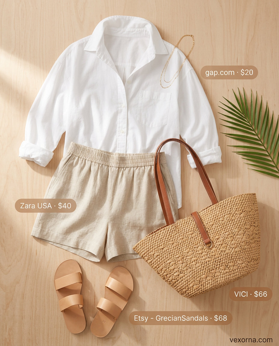 Summer flowy shorts outfits for women 2026: Linen shorts, white shirt, straw tote for beach day.