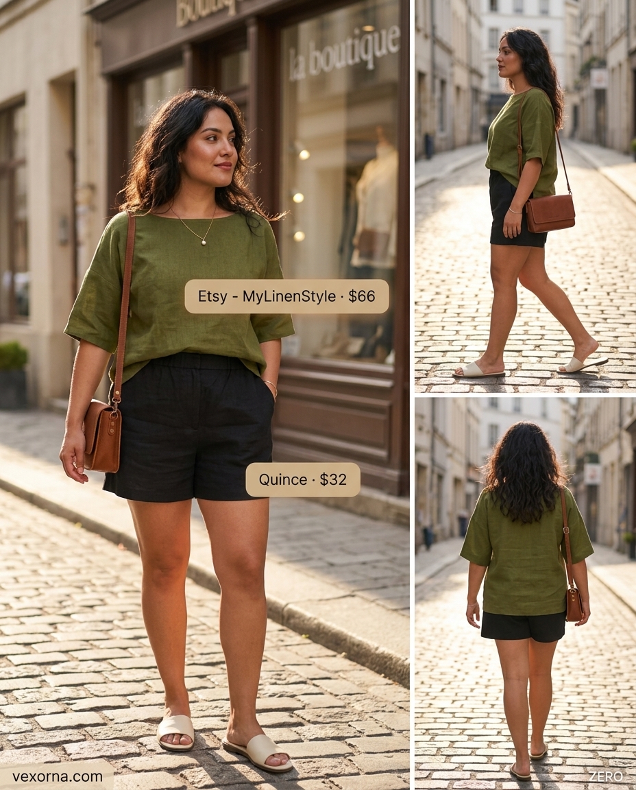Summer flowy shorts outfits for women 2026: Olive green linen tunic, sandals for a relaxed brunch.