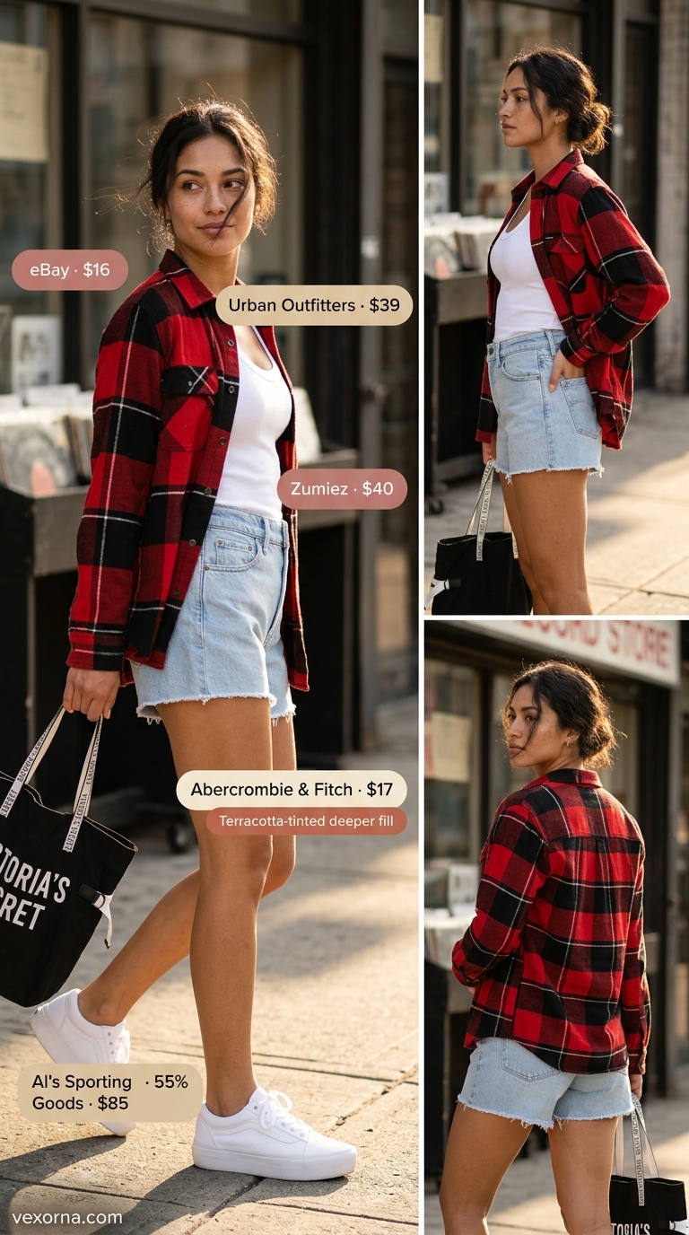 Summer flowy shorts outfits for women 2026: Denim shorts, graphic tee, flannel for retro vibes.