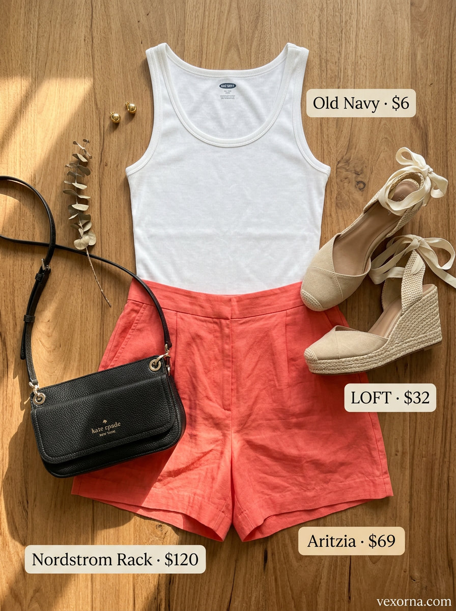 Summer flowy shorts outfits for women 2026: Coral wide-leg pants, white tank, espadrilles for a dinner date.