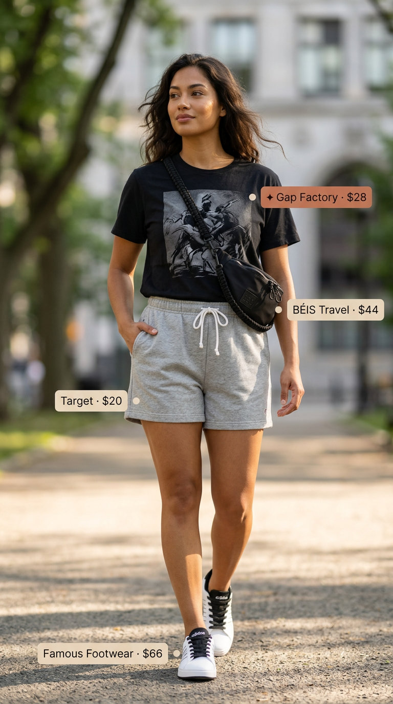 Summer flowy shorts outfit: Grey athletic shorts, graphic tee, sneakers for active day.