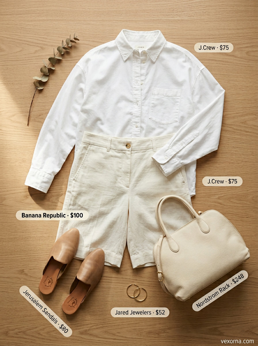 Summer flowy shorts outfit: Cream Bermuda shorts, crisp white shirt, tan mules for smart casual office.