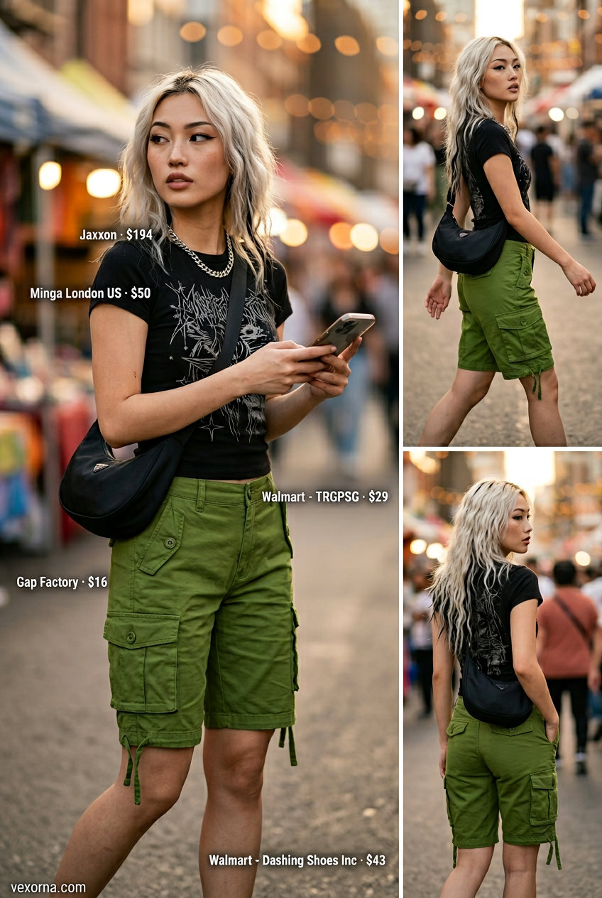 Summer flowy shorts outfit: Olive cargo shorts, graphic tee, chunky sneakers for urban exploration.
