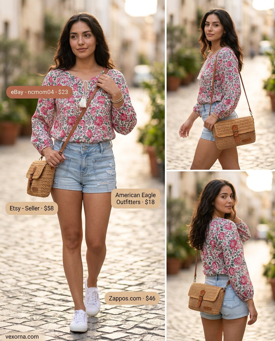 Summer flowy shorts outfit: High-waist denim cutoffs, floral blouse, canvas sneakers for date.