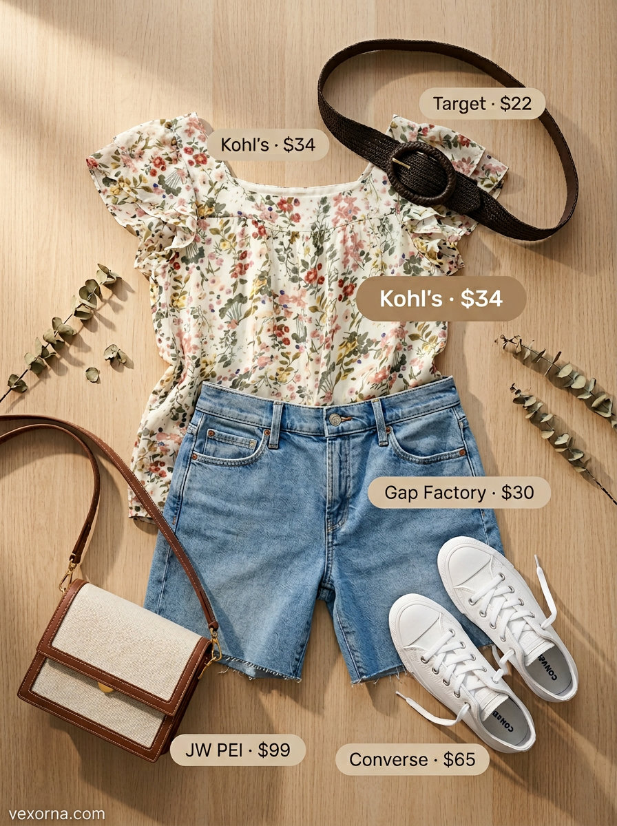 Summer flowy shorts outfit: Denim shorts, floral blouse, white sneakers for casual weekend fun.