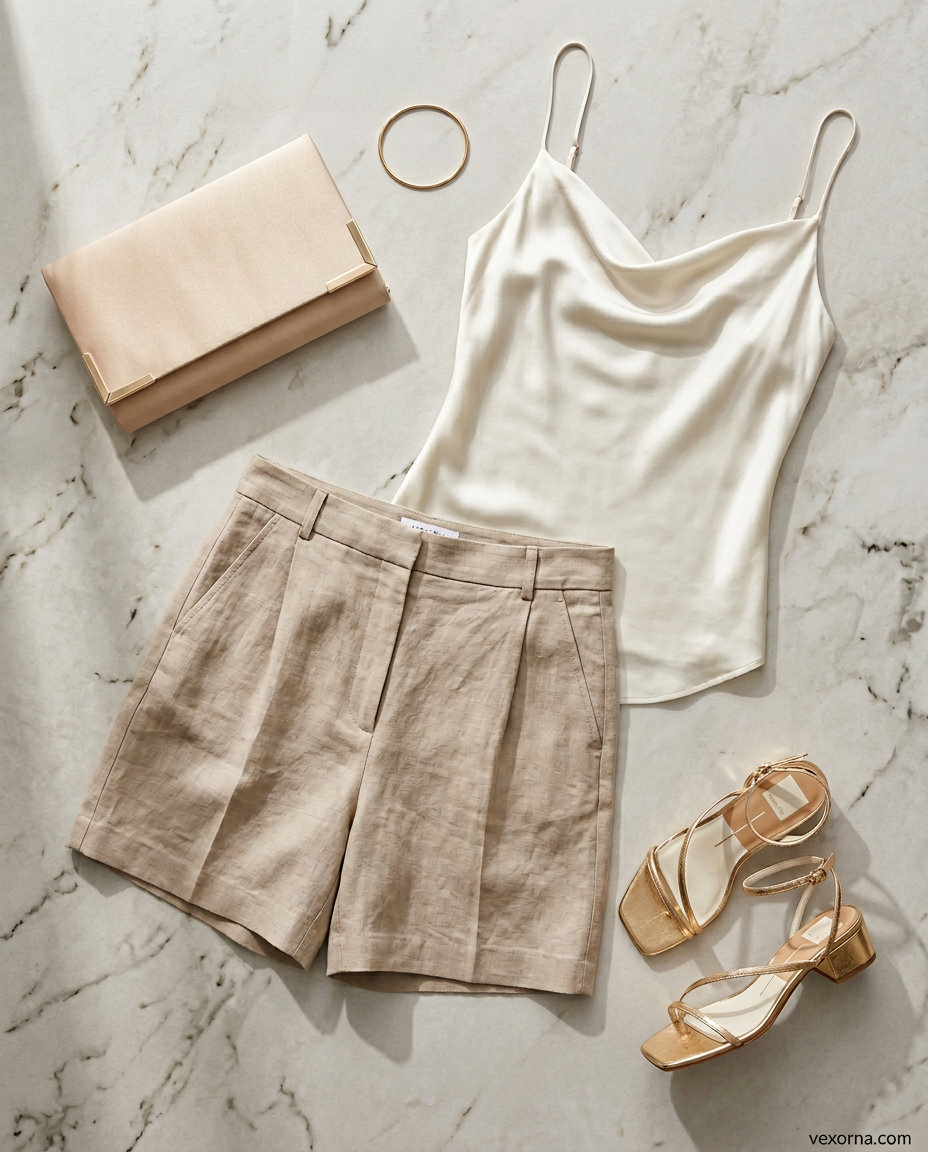 Summer flowy shorts outfit: Champagne linen shorts, ivory silk cami, gold sandals for evening.