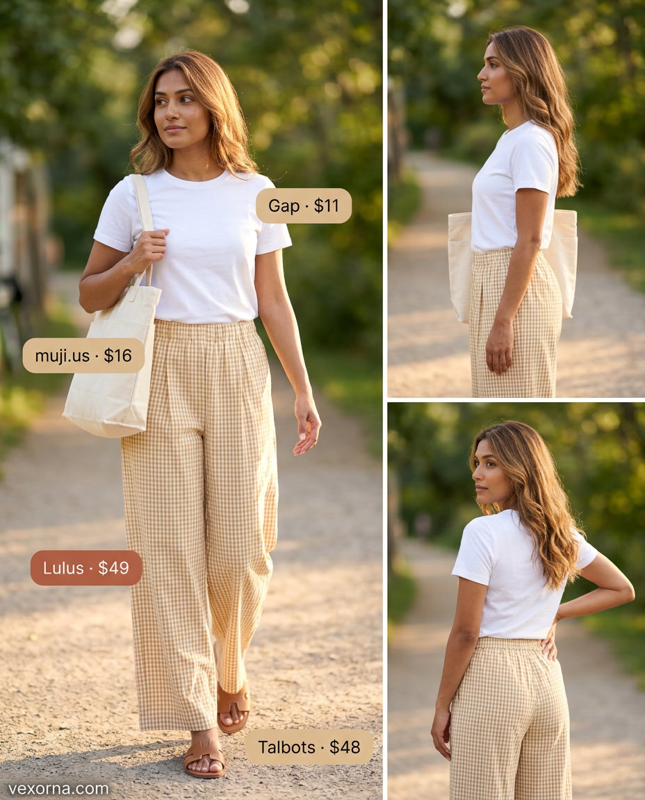 Beige gingham linen pants for women, ideal for vacation and casual sightseeing in 2026.