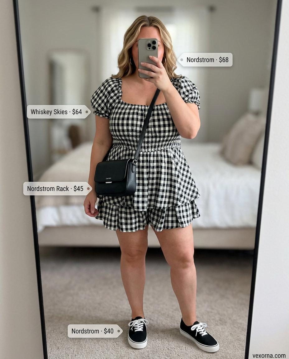 Black gingham romper for women, ideal for casual evenings and concerts in 2026.