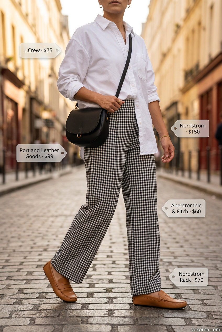 Summer Gingham Outfits for Women 2026: Black gingham trousers, white shirt, tan loafers for city errands.