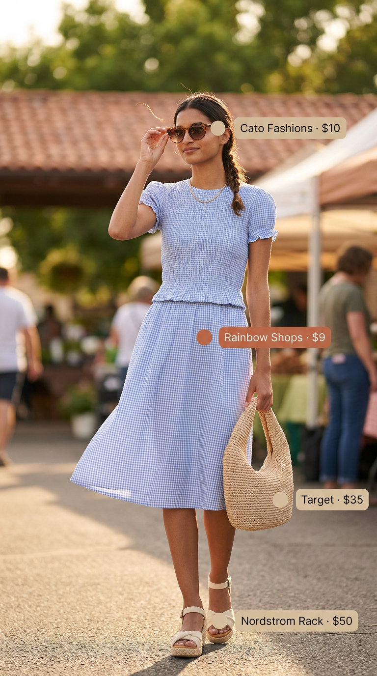 Sky blue gingham midi dress outfit for women 2026: espadrilles, straw tote, and sunglasses for a sweet summer day.