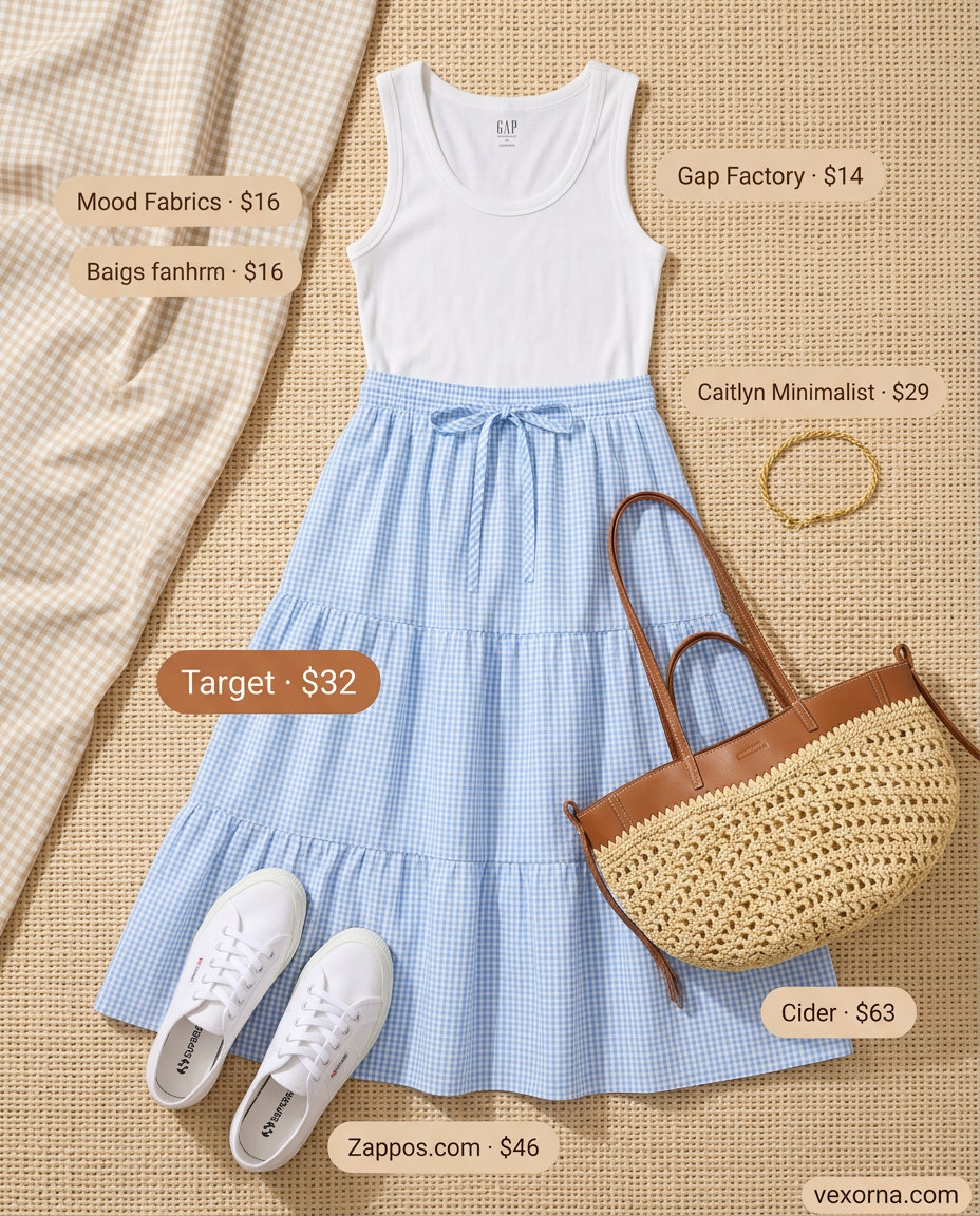 Sky blue gingham midi skirt outfit for women 2026: ribbed tank, sneakers, and straw tote for a classic picnic look.