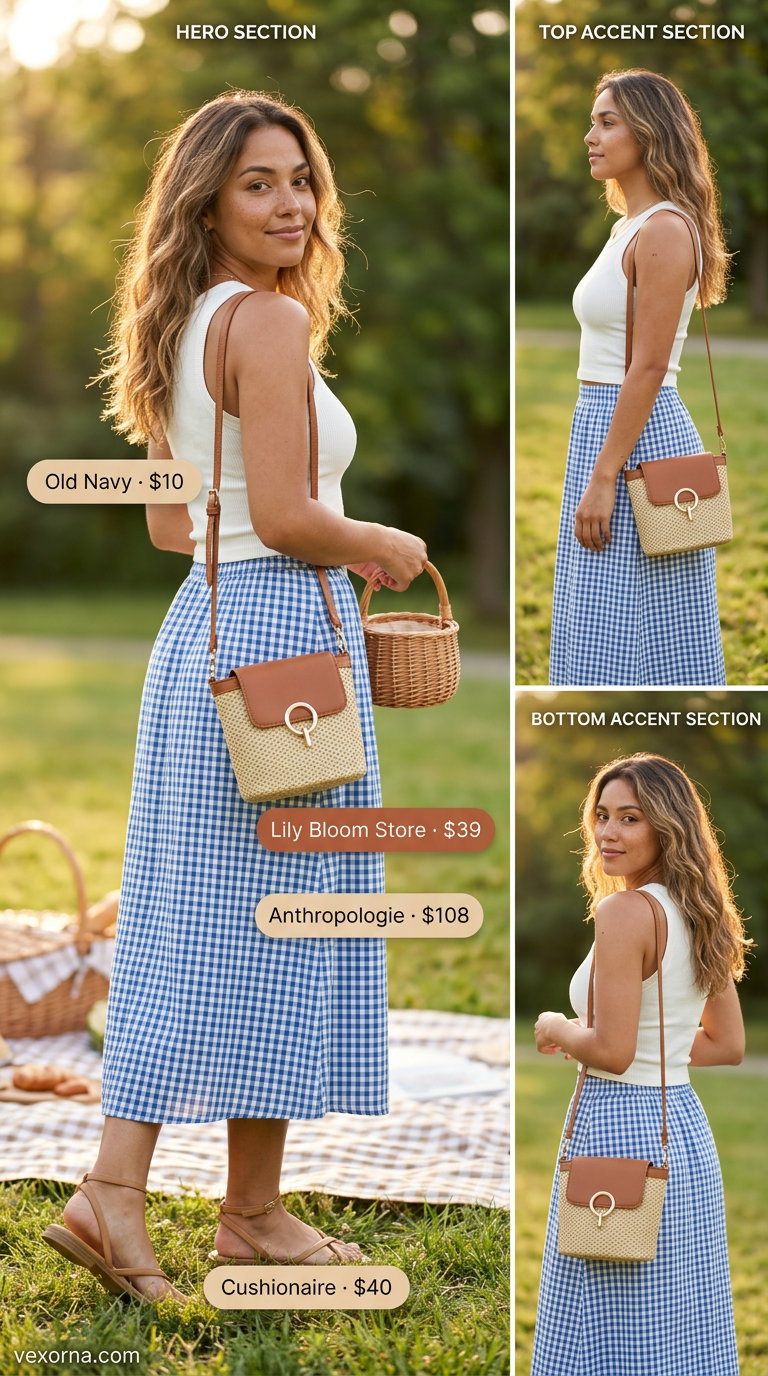 Blue gingham midi skirt outfit for women 2026: ribbed tank, sandals, and straw bag for a picnic perfect look.