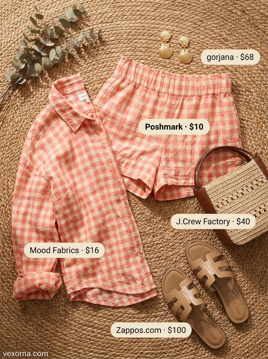 Coral and white gingham linen set for women, perfect for beach vacations and resort wear in 2026.