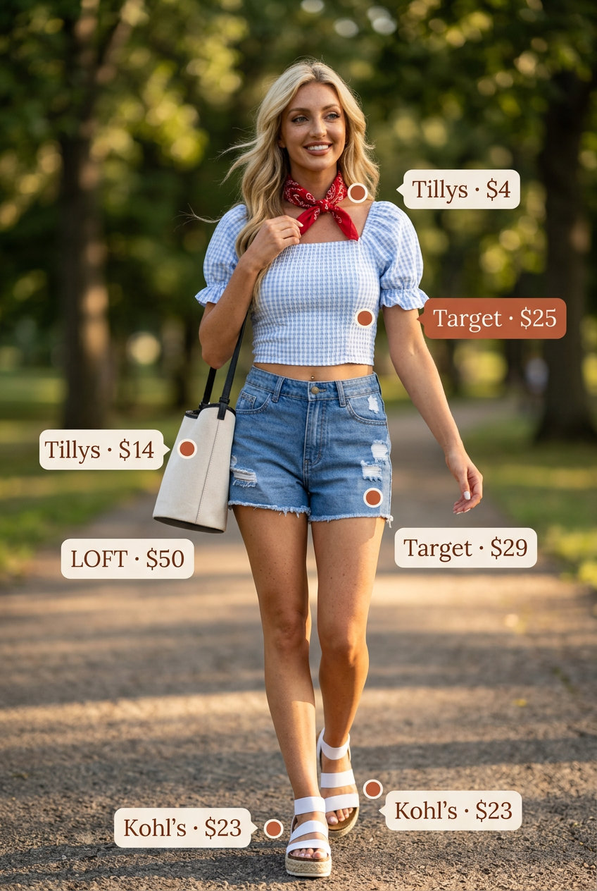 Summer Gingham Outfits for Women 2026: White/blue gingham crop top, denim shorts, espadrilles for festivals.