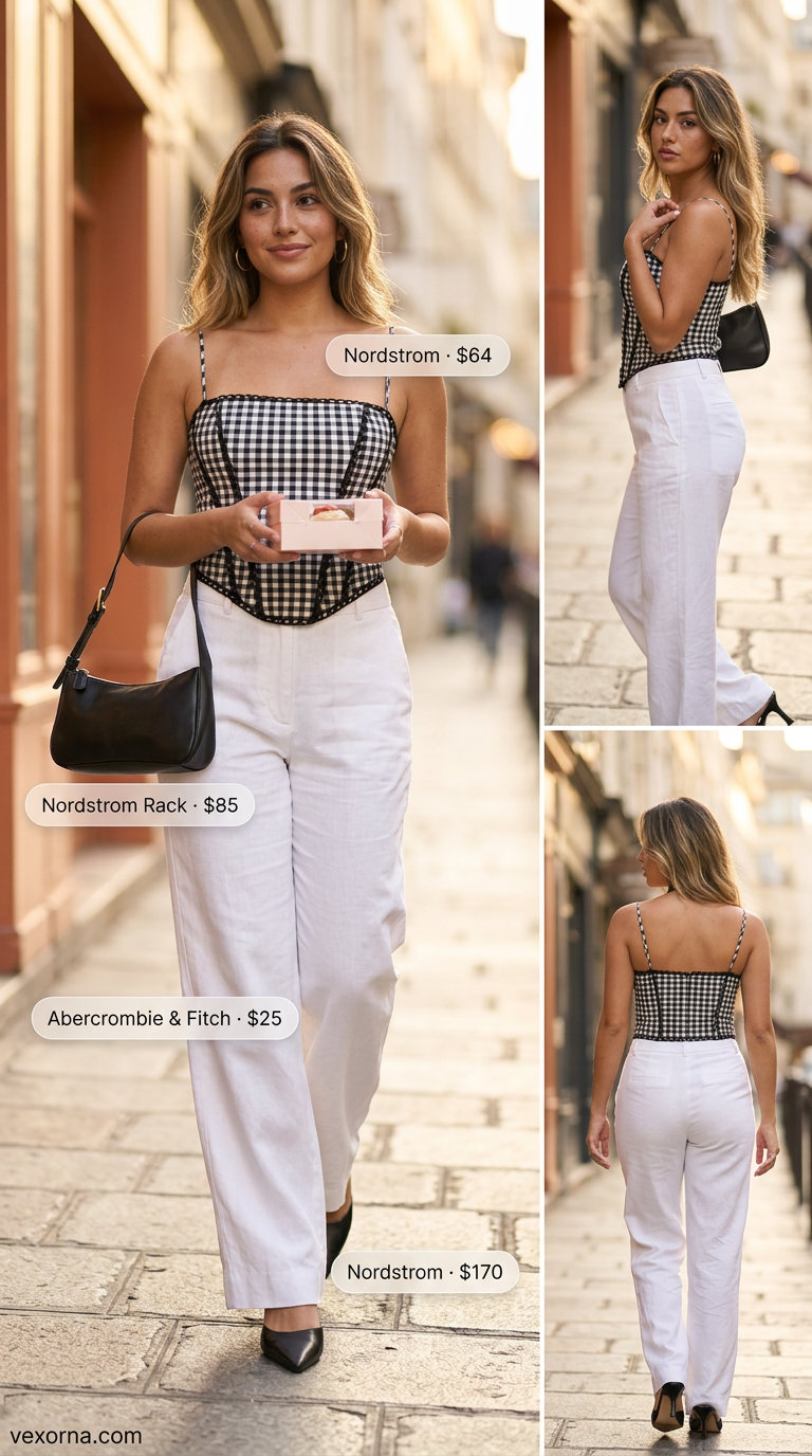 Black and white gingham corset top for women, styled with high-waisted trousers for brunch in 2026.
