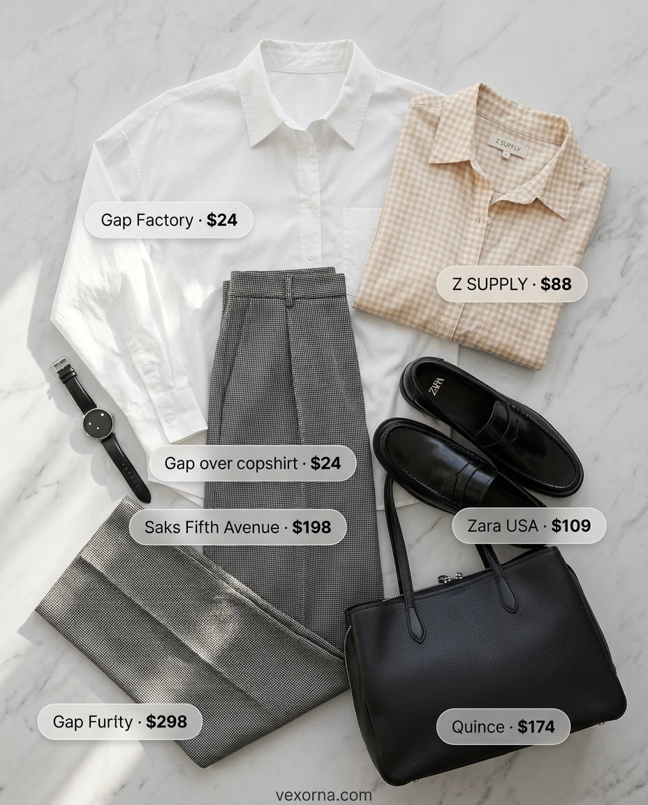 Summer Gingham Outfits for Women 2026: Grey gingham trousers, white shirt, black loafers for office wear.