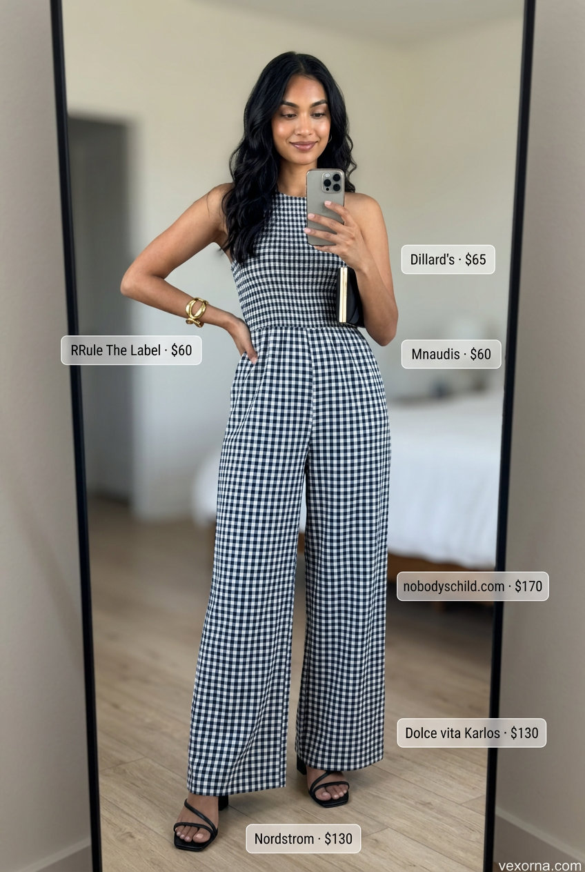 Navy gingham jumpsuit for women, perfect for summer evenings and cocktail parties in 2026.