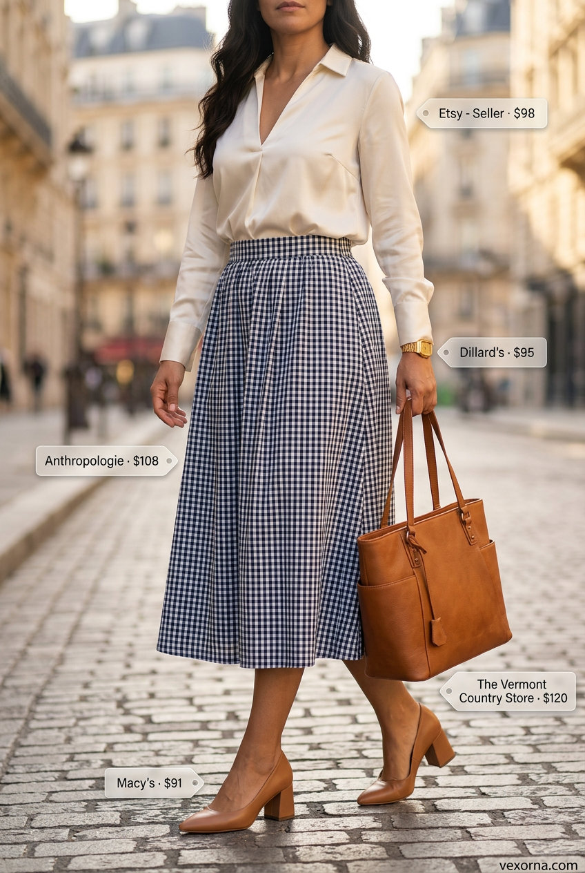 Summer Gingham Outfits for Women 2026: Navy gingham skirt, cream blouse, tan pumps for professional meetings.