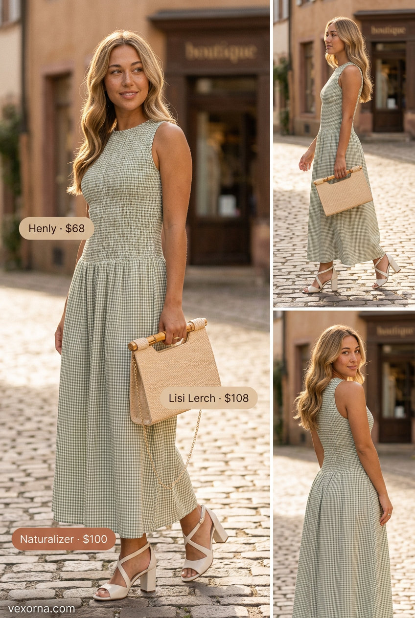 Pastel green gingham maxi dress for women, perfect for garden parties and summer weddings in 2026.