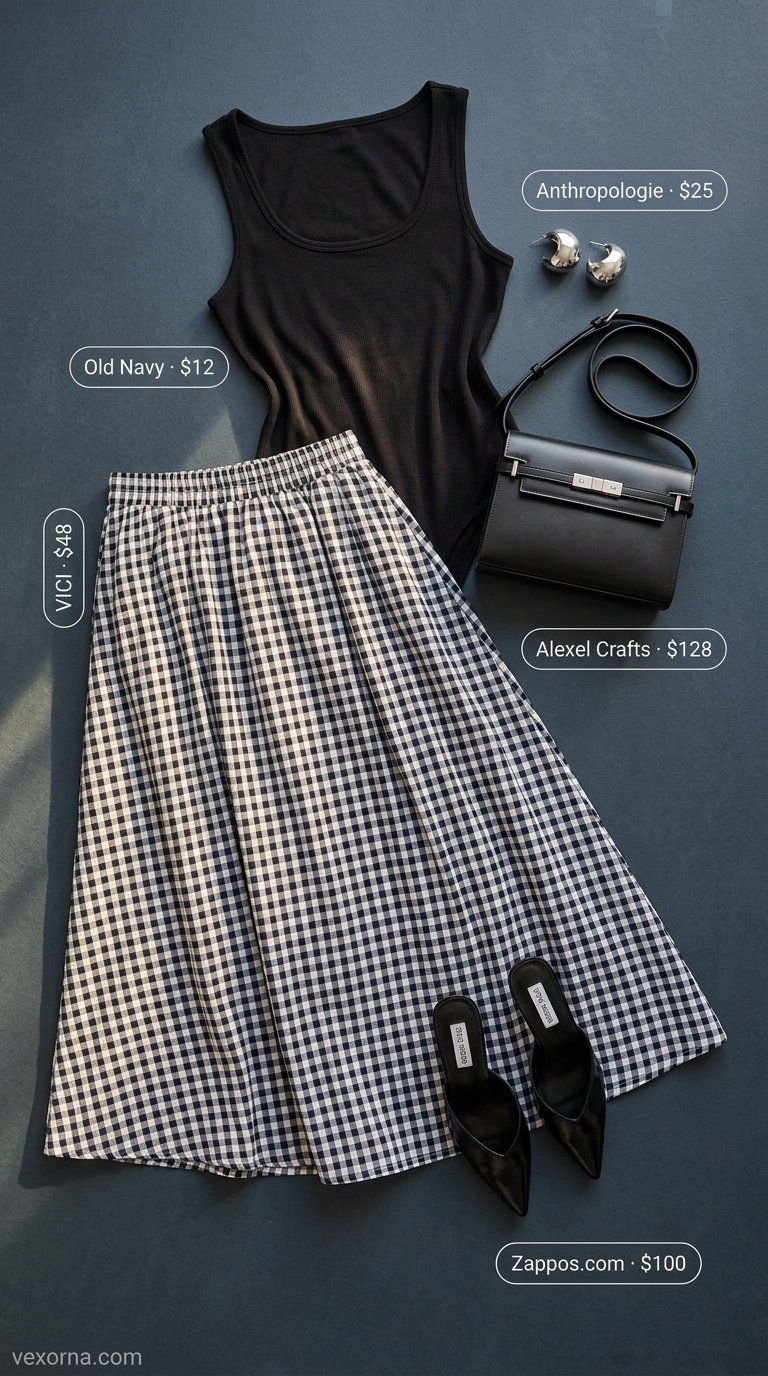 Summer Gingham Outfits for Women 2026: Black gingham pencil skirt, black bodysuit, silver earrings for dinner.