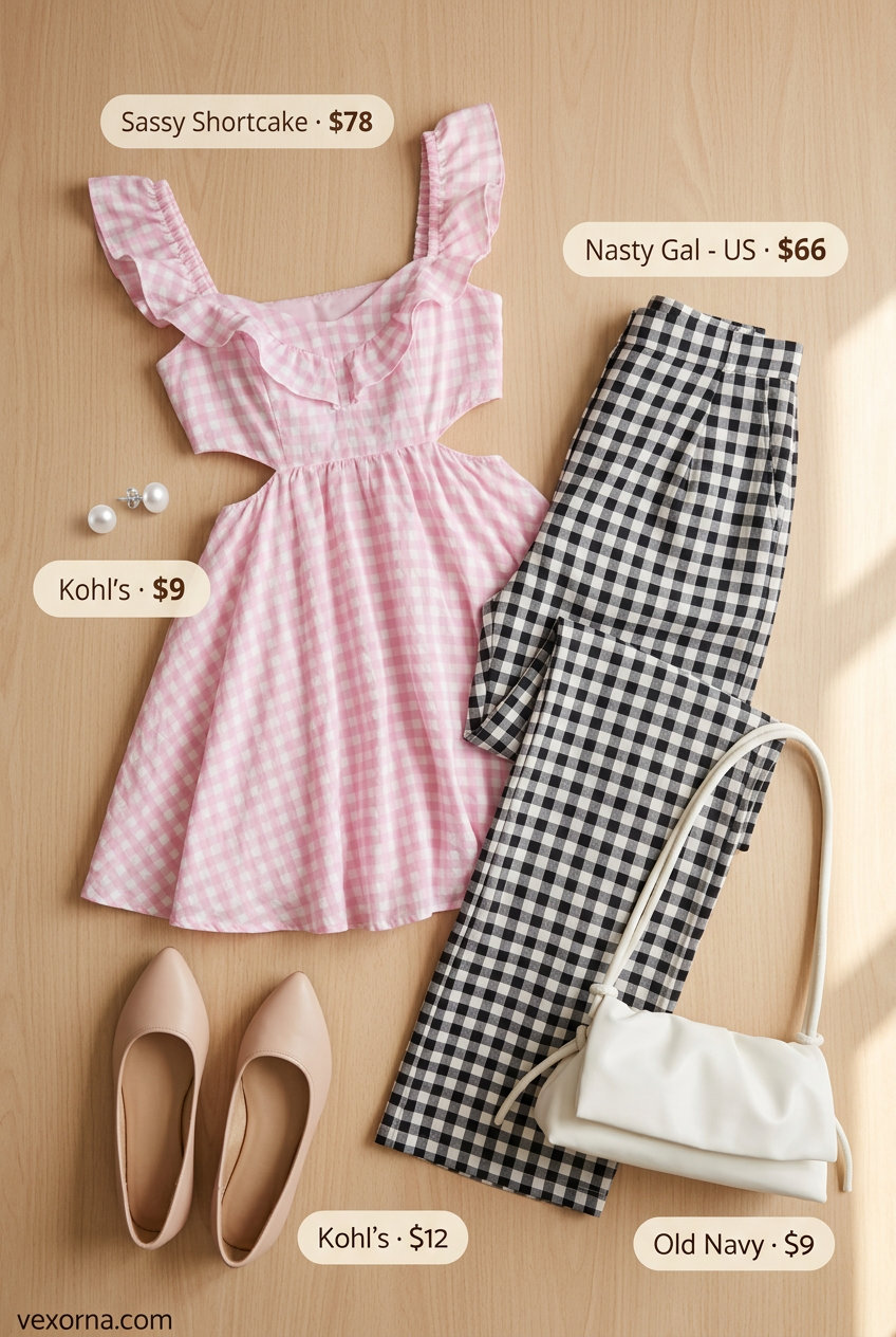 Pastel pink gingham babydoll mini dress for women, ideal for summer dates and parties in 2026.