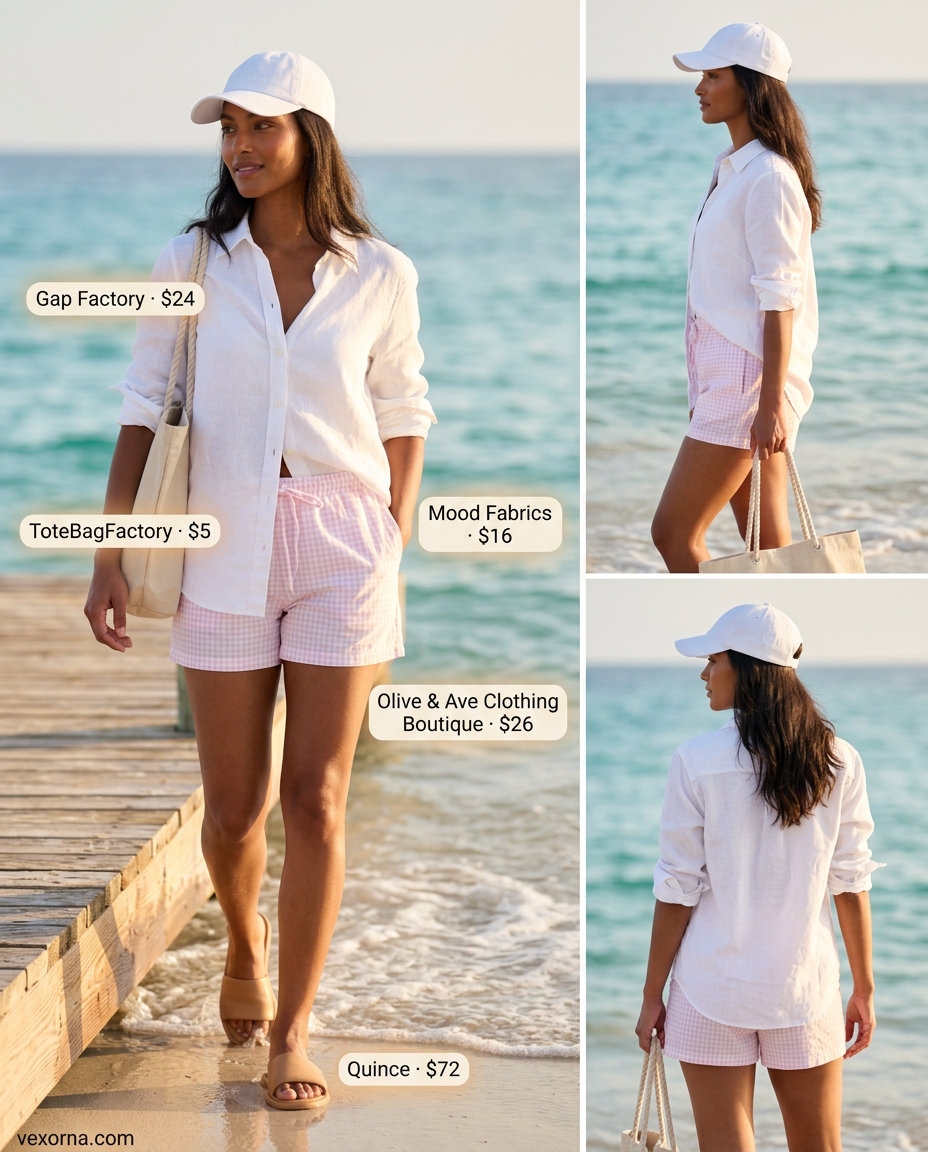 Pink gingham shorts outfit for women 2026: linen shirt, cap, slide sandals, and tote bag for a coastal breeze look.