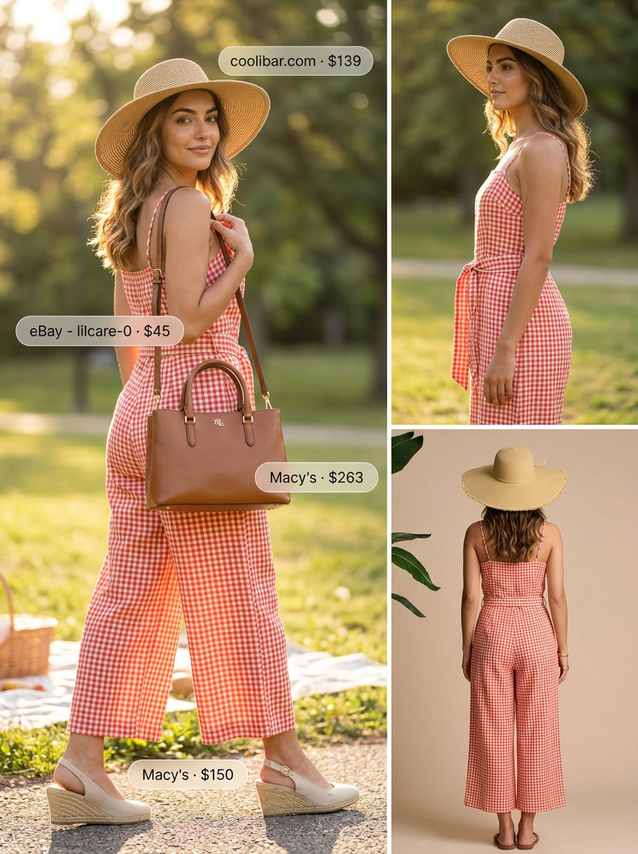 Red gingham jumpsuit outfit for women 2026: espadrilles, straw hat, and top-handle bag for a chic weekend look.