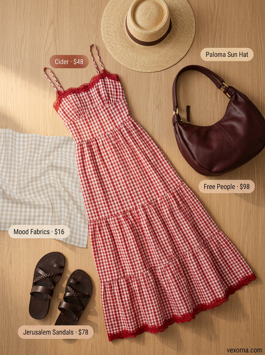 Red gingham maxi dress outfit for women 2026: flat sandals, straw hat, and hobo bag for a bohemian vacation look.