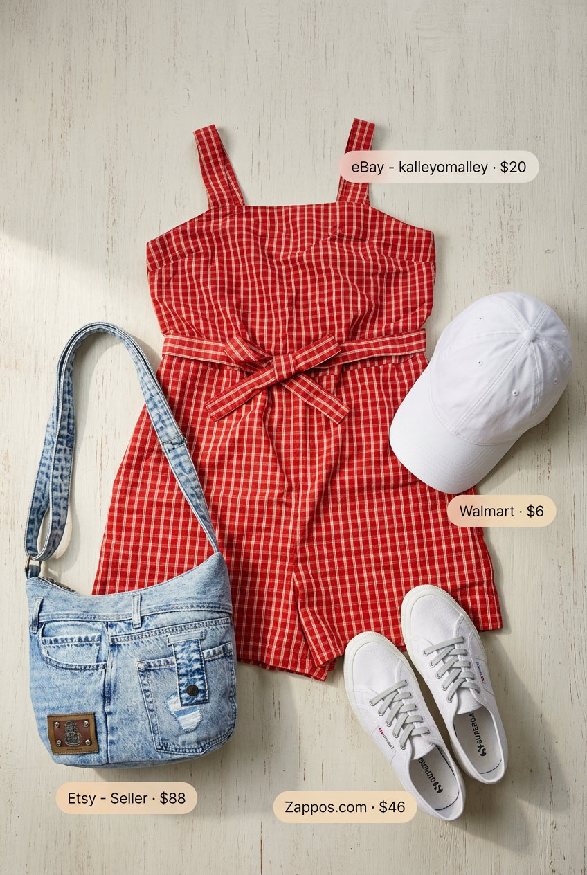 Red gingham romper outfit for women 2026: white sneakers, baseball cap, and denim bag for a fun summer look.