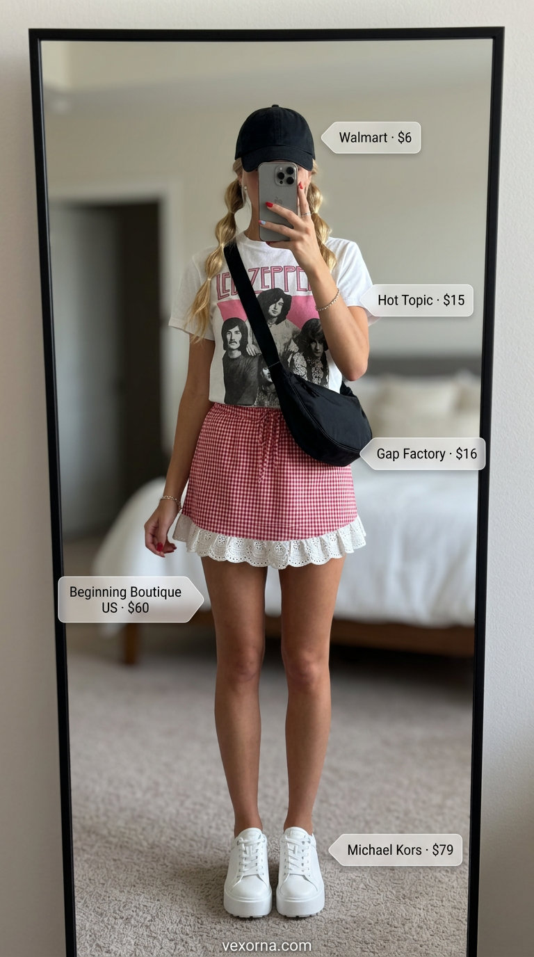 Red gingham mini skirt outfit for women 2026: graphic tee, cap, crossbody bag, and platform sneakers for a summer festival.