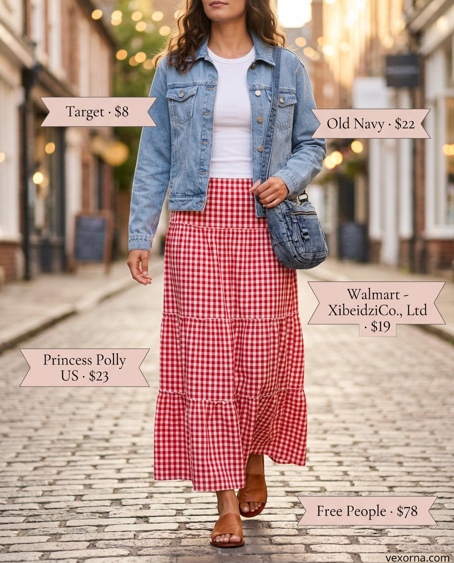 Summer Gingham Outfits for Women 2026: Red gingham maxi skirt, white tank, denim jacket for weekend getaway.