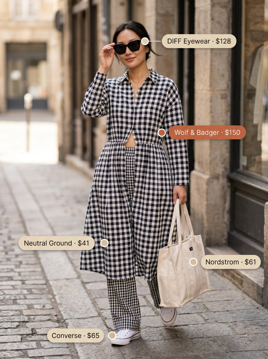 Summer Gingham Outfits for Women 2026: Black gingham shirt dress, white sneakers, tan tote for casual day out.