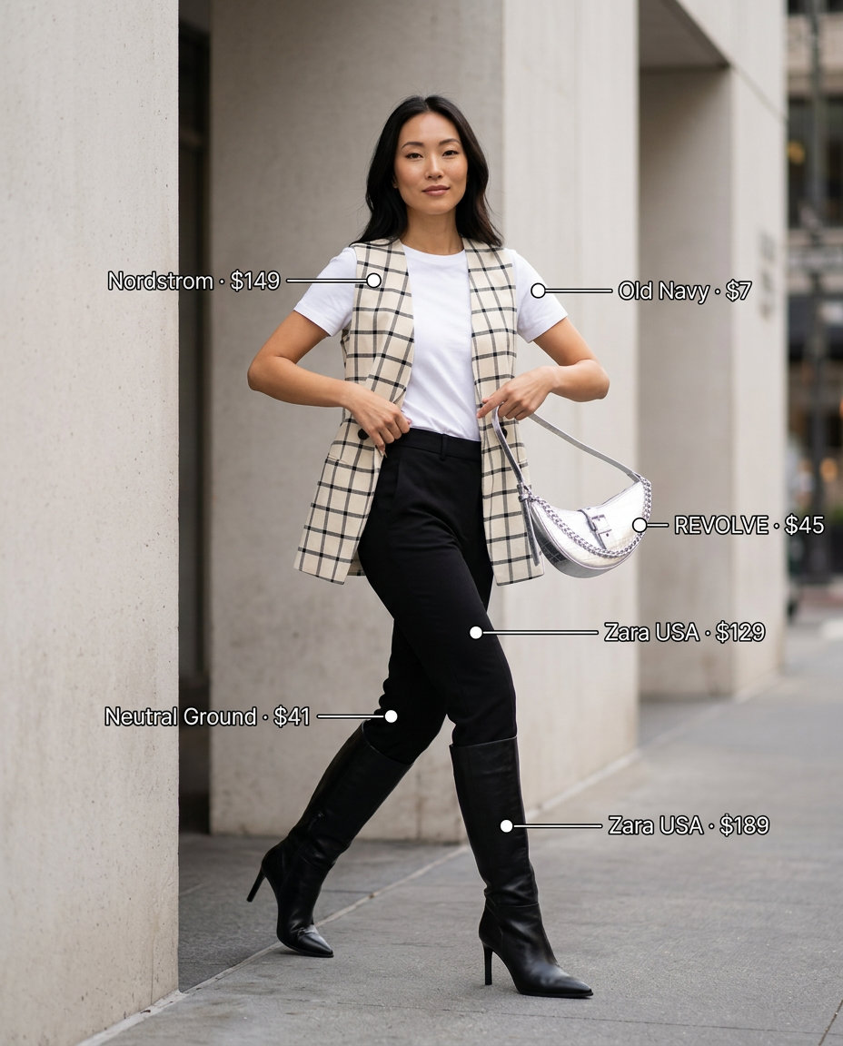 Summer Gingham Outfits for Women 2026: Black gingham vest, white tee, black trousers for fashion-forward look.