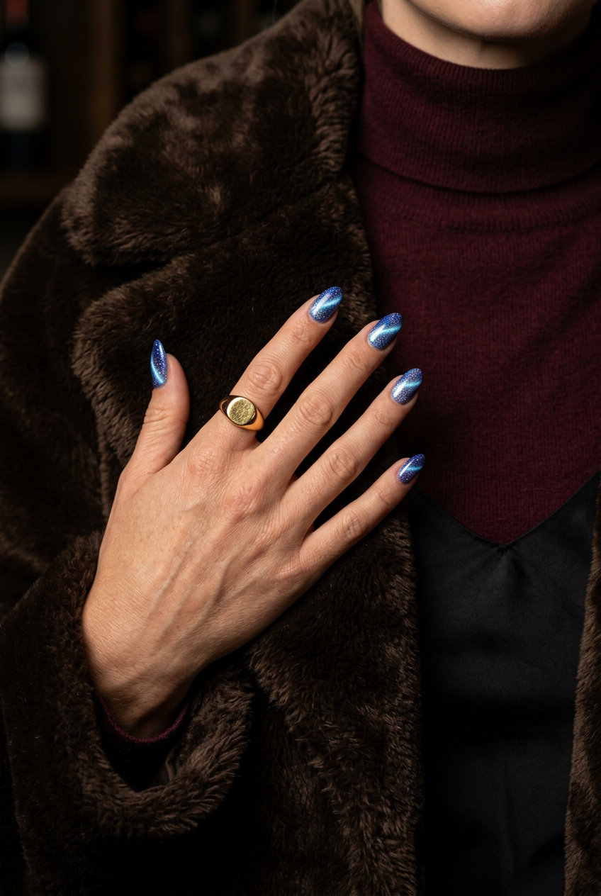Electric Blue Chrome Cat-Eye Glitter nails for summer glitter nails 2026. Bold night out look with futuristic shimmer.