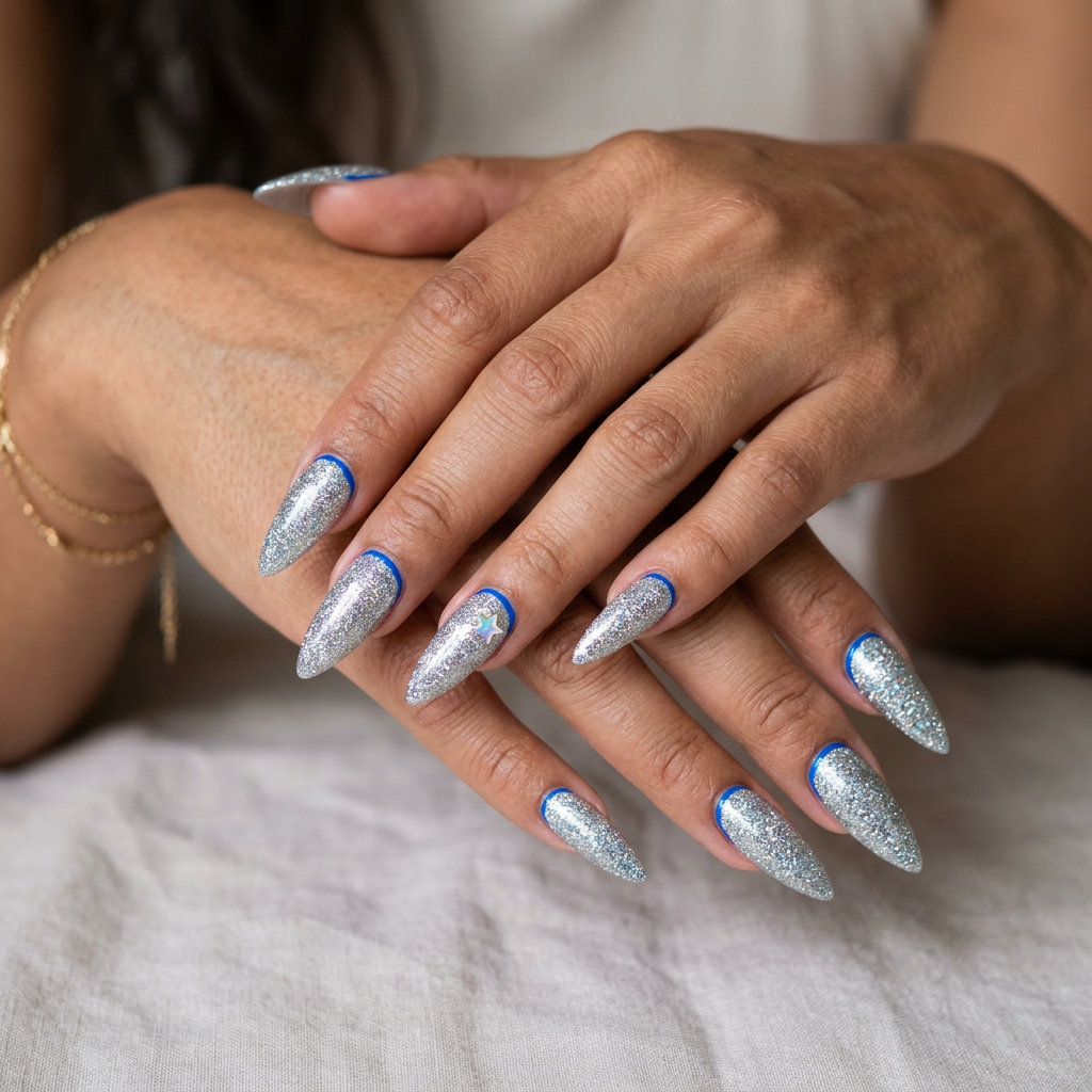 Edgy electric blue and silver glitter disco ball stiletto nails for summer glitter nails 2026, great for festivals.