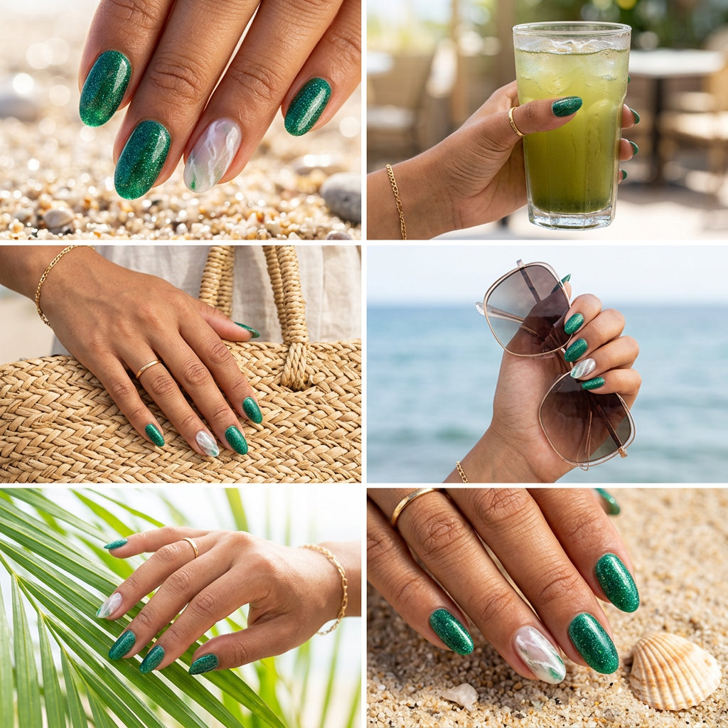 Sophisticated emerald green glitter marble nails for summer glitter nails 2026, ideal for formal events and galas.