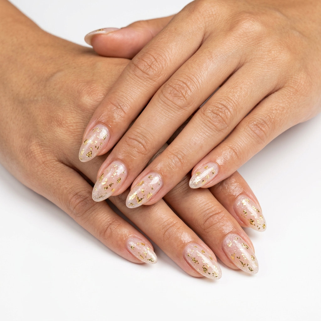 Gold Flake Glitter Overlay nails for summer glitter nails 2026. Bohemian vacation style with scattered gold foil.