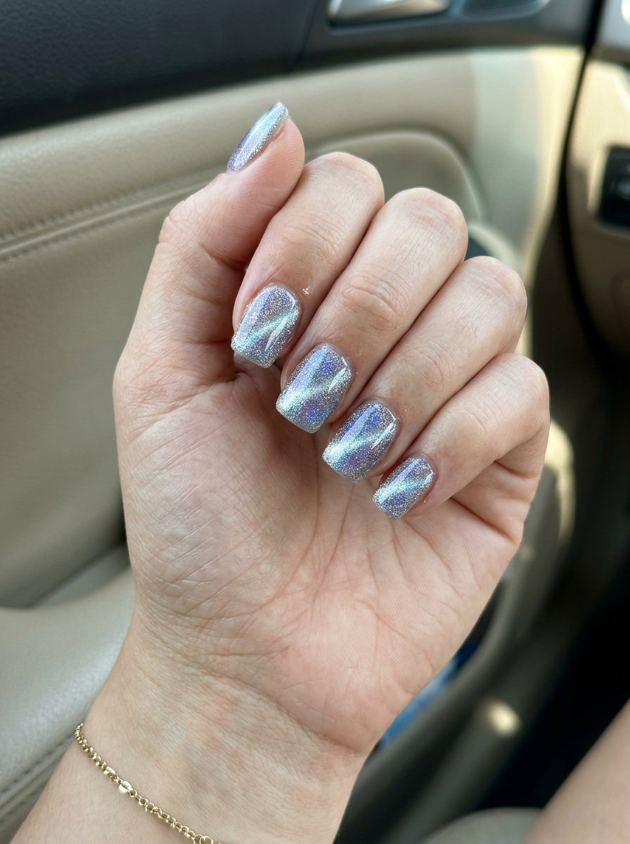 Holographic cat-eye nails with blue/purple shift for summer glitter nails 2026. Futuristic, dynamic party style.