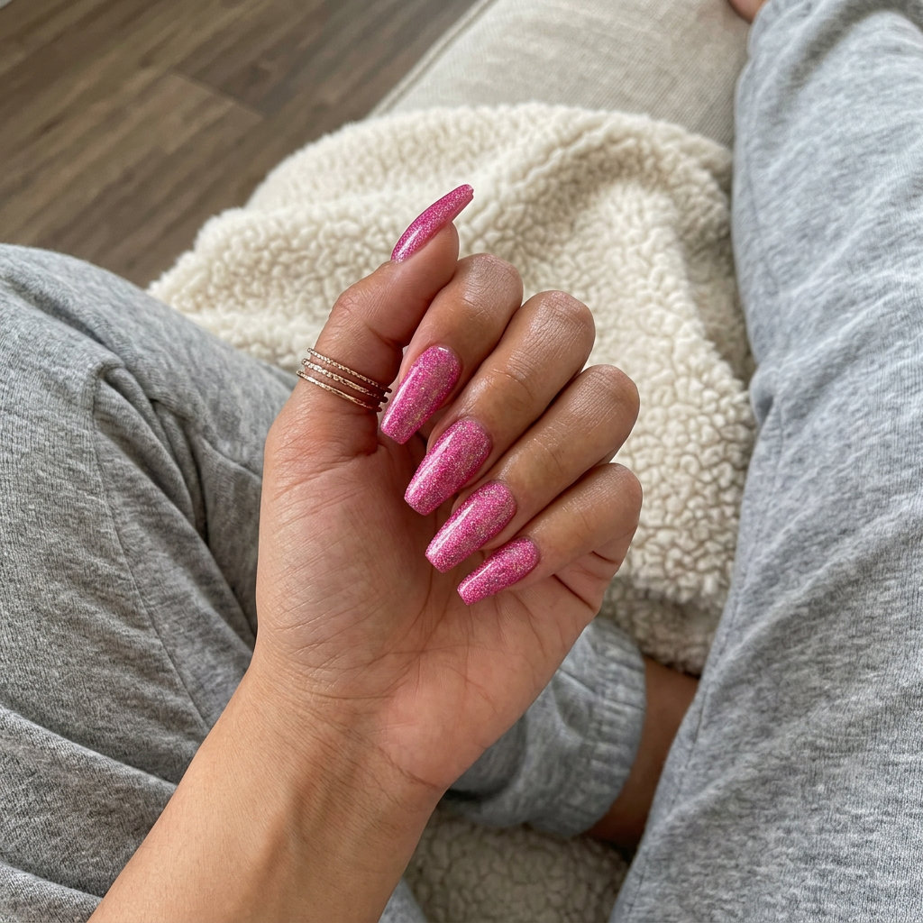 Hot pink holographic glitter bomb stiletto nails for summer glitter nails 2026. Edgy, bold festival look.