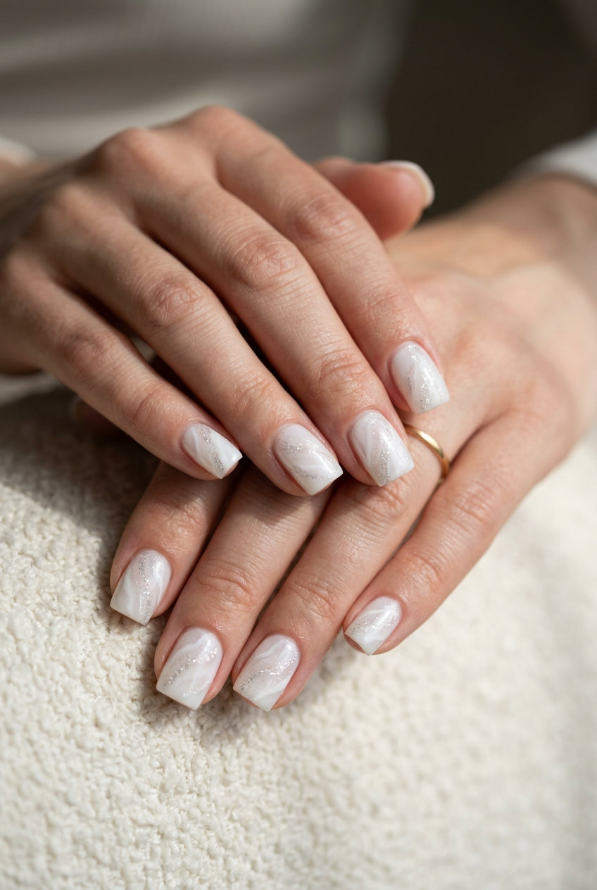 Iridescent White Glitter French Marble nails for summer glitter nails 2026. Delicate bridal shower style with shimmering veins.