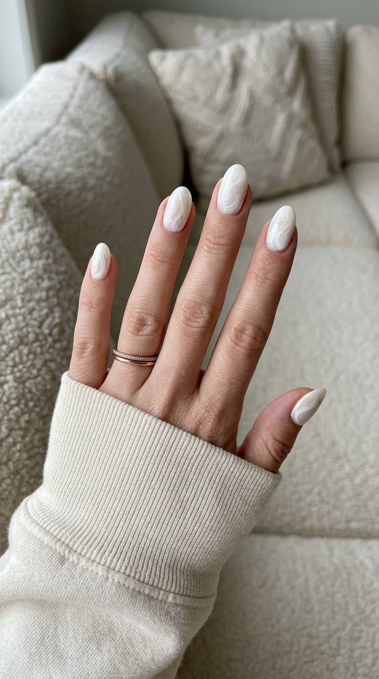 Iridescent White Glitter Marble Dream nails for summer glitter nails 2026. Sophisticated party look with ethereal shimmer.