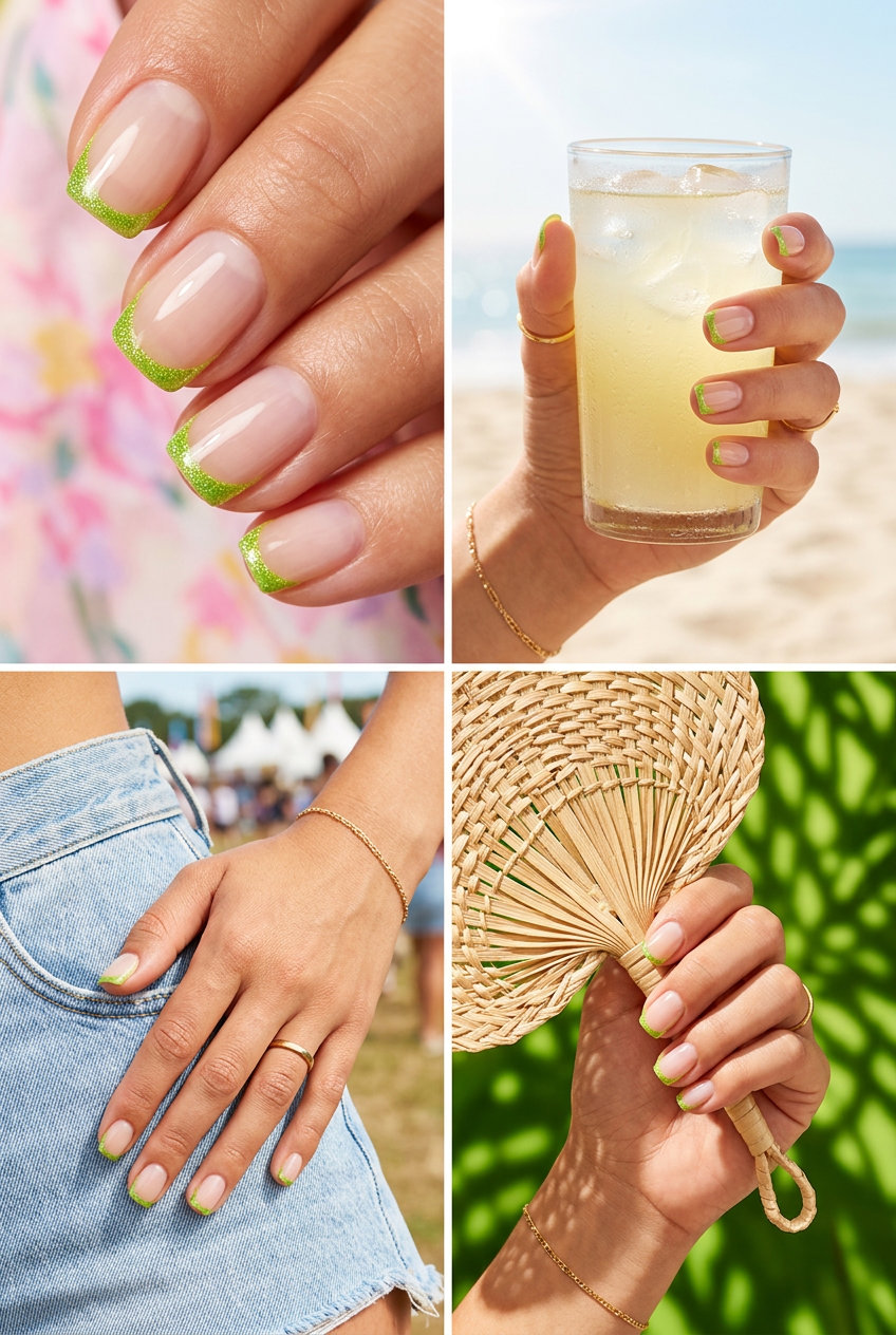 Lime green glitter outline French tip nails for summer glitter nails 2026. Playful, fun festival look.