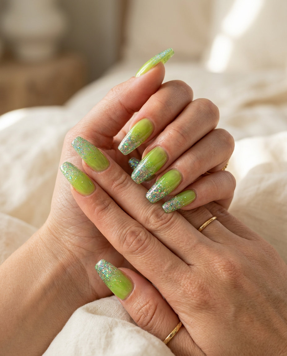 Lime Green Jelly Glitter Gradient nails for summer glitter nails 2026. Vibrant festival look with holographic shimmer.