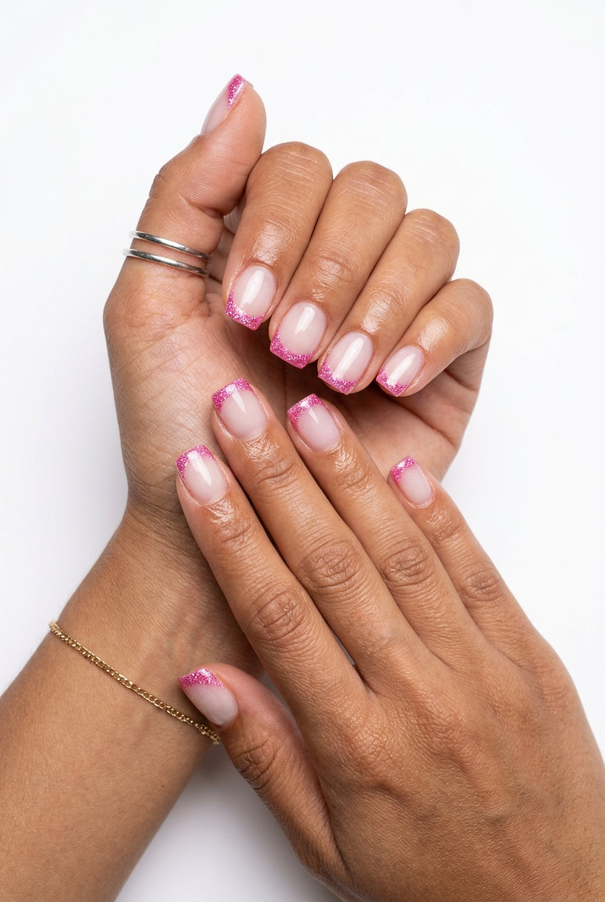 Micro French Glitter Pink nails for summer glitter nails 2026. Chic and modern look with delicate pink glitter tips.