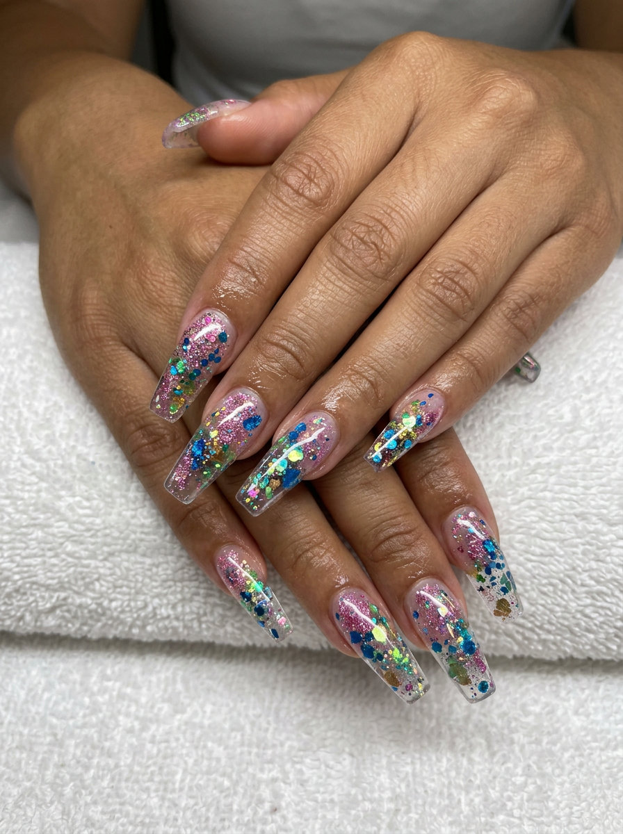 Multicolor Glitter Abstract Design nails for summer glitter nails 2026. Artistic festival look with vibrant glitter splatters.