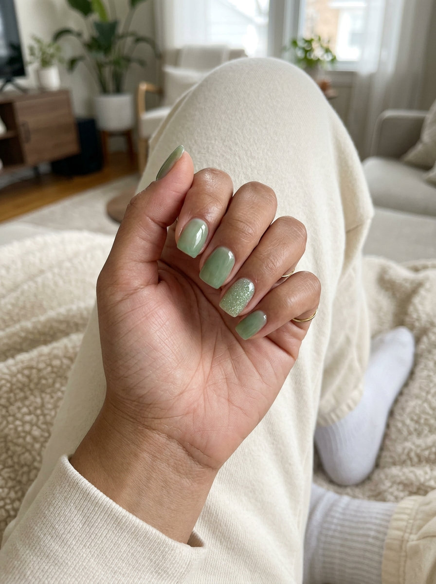 Sheer green glitter accent nails for summer glitter nails 2026. Minimalist, fresh, chic casual outfit inspiration.