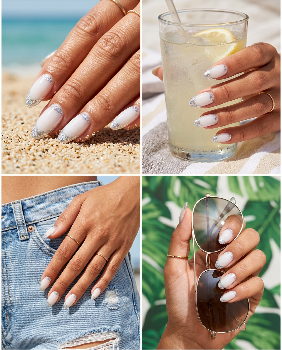 Glamorous silver glitter reverse French moon nails for summer glitter nails 2026, perfect for parties and events.