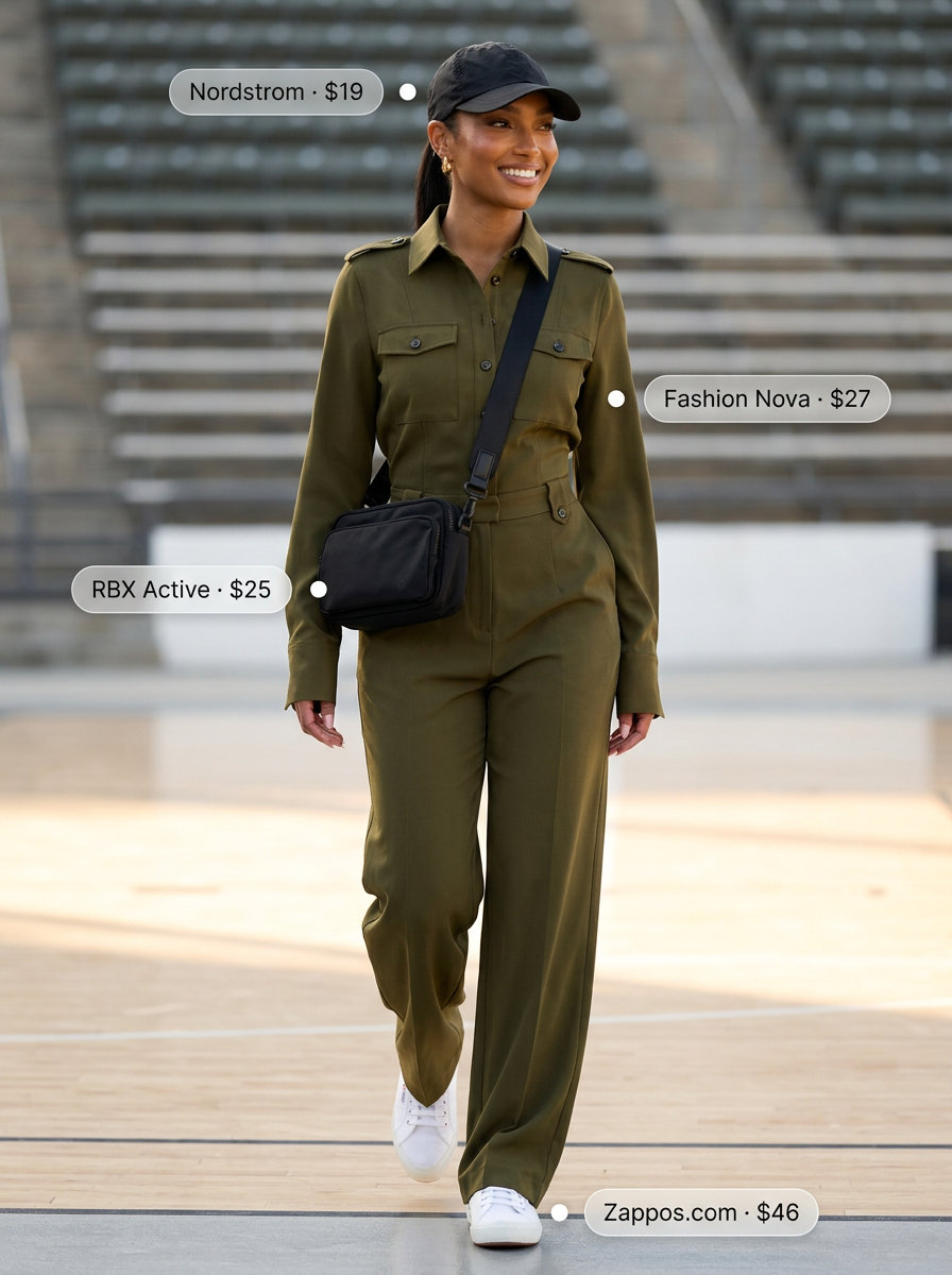 Olive green jumpsuit for summer gym to street outfits for women 2026. Practical for active commutes with sneakers and cap.